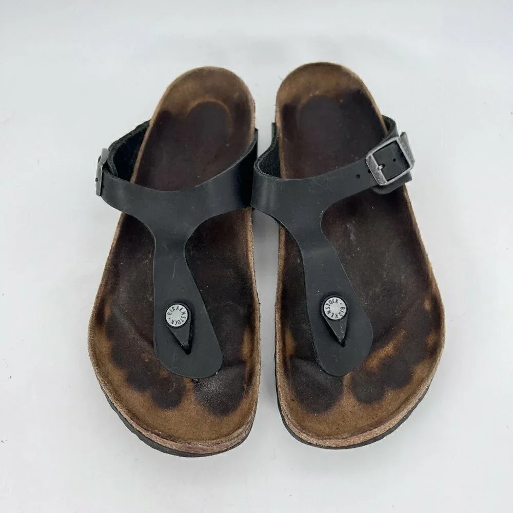 Birkenstock Gizeh Women Size 40 Black Birko-Flor T Strap Thong Leather Sandal
